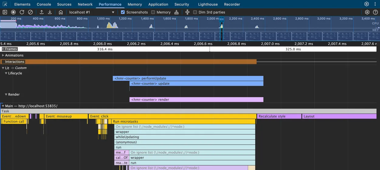 Chrome's Performance panel zoomed to one click: the expanded Lit — Custom group shows <hmr-counter> performUpdate with update nested under it on the Lifecycle track and <hmr-counter> render on the Render track, lined up above the Event: click task on Main.