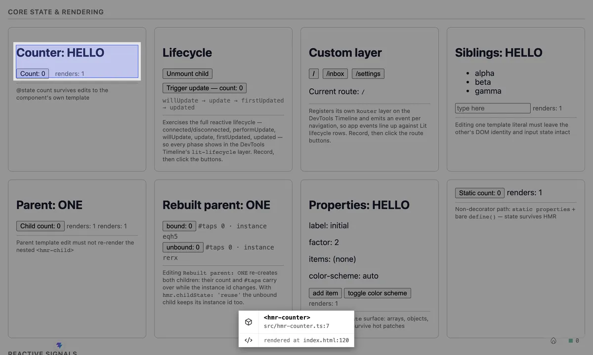 The playground page dimmed while picking: the hovered hmr-counter card is outlined, and a tooltip names <hmr-counter> with its source file src/hmr-counter.ts:7 and rendered at index.html:120.