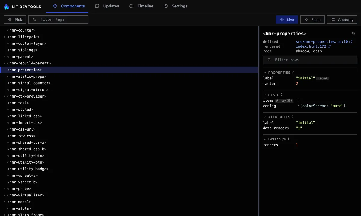 The Components tab: the element tree on the left, hmr-properties selected, its source links and reactive properties on the right.