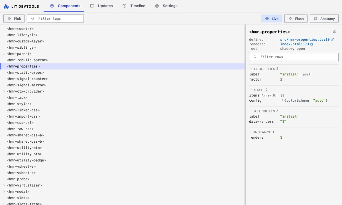 The Components tab: the element tree on the left, hmr-properties selected, its source links and reactive properties on the right.
