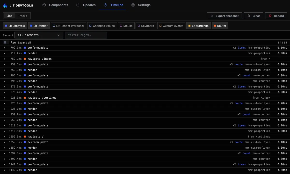 Timeline rows from a custom Router layer, in the layer colour, next to Lit lifecycle rows.