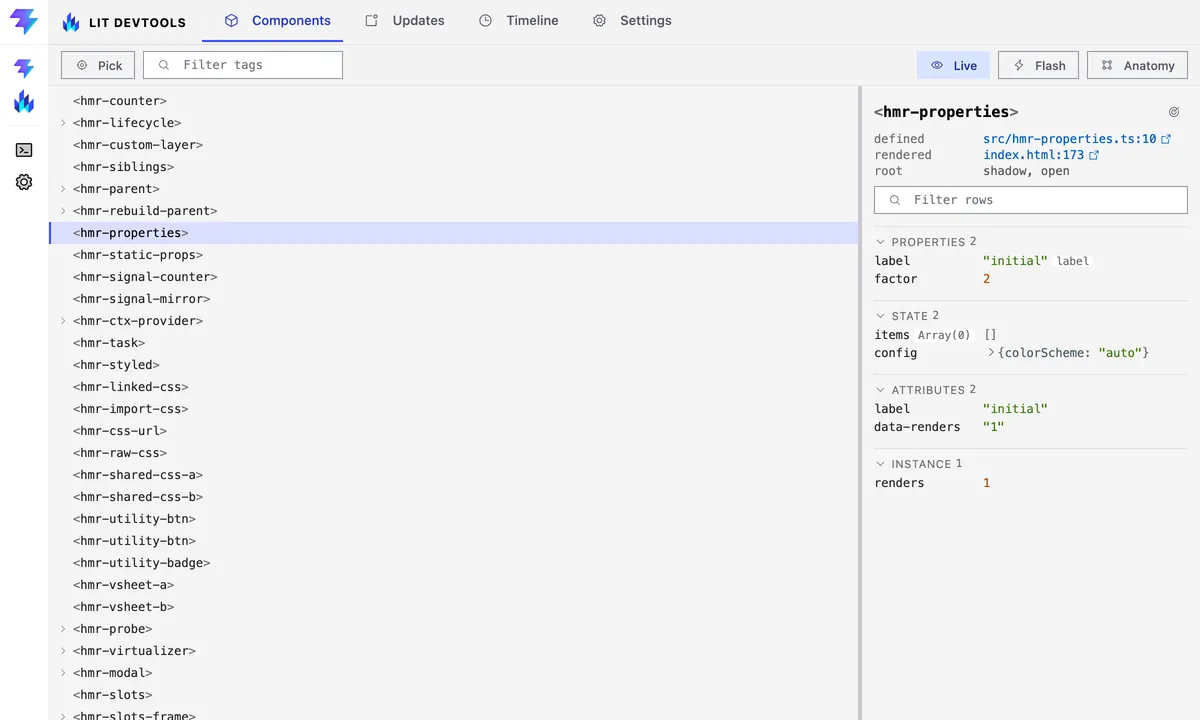 The Lit panel docked inside Vite DevTools, showing the Components tab.