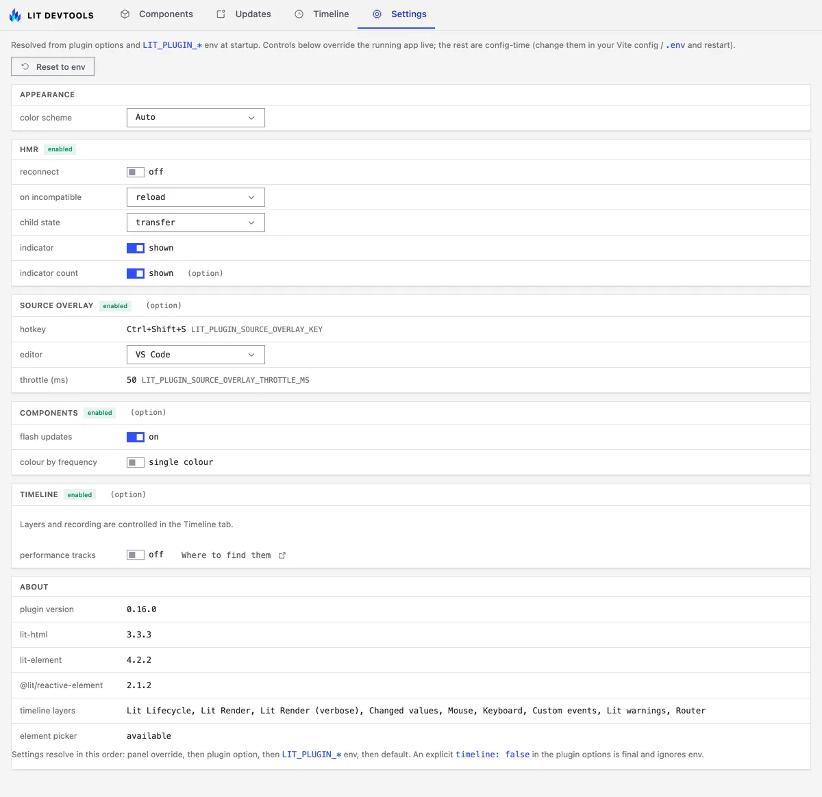The Settings tab listing the resolved options, with switches and menus for the ones that can be overridden live.