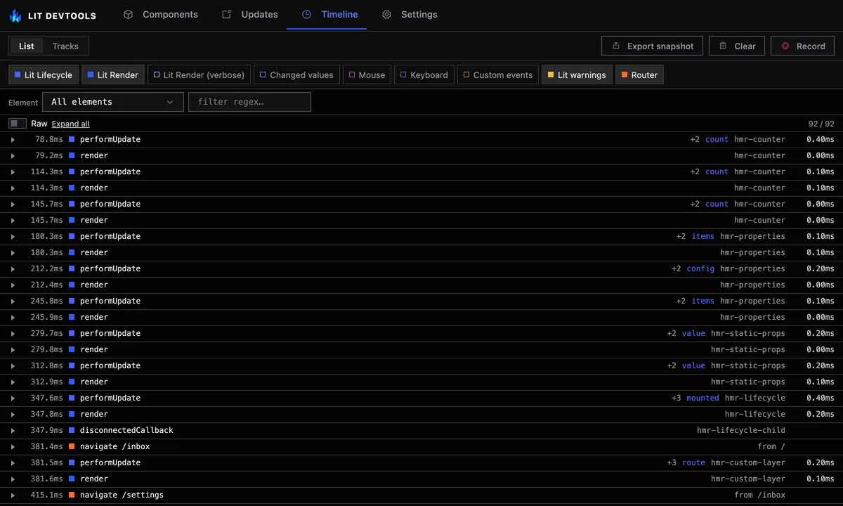 The Timeline list from the top of a recording: collapsed performUpdate rows for hmr-counter, hmr-properties and hmr-static-props, each with the properties it changed, its fold count and duration, between the separate render rows.