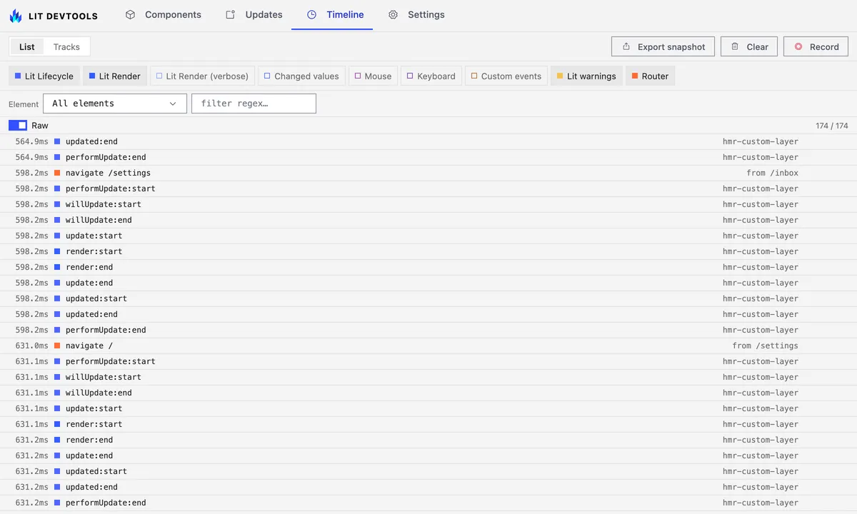 The Timeline tab with Raw on: one row per recorded event, including custom Router events.