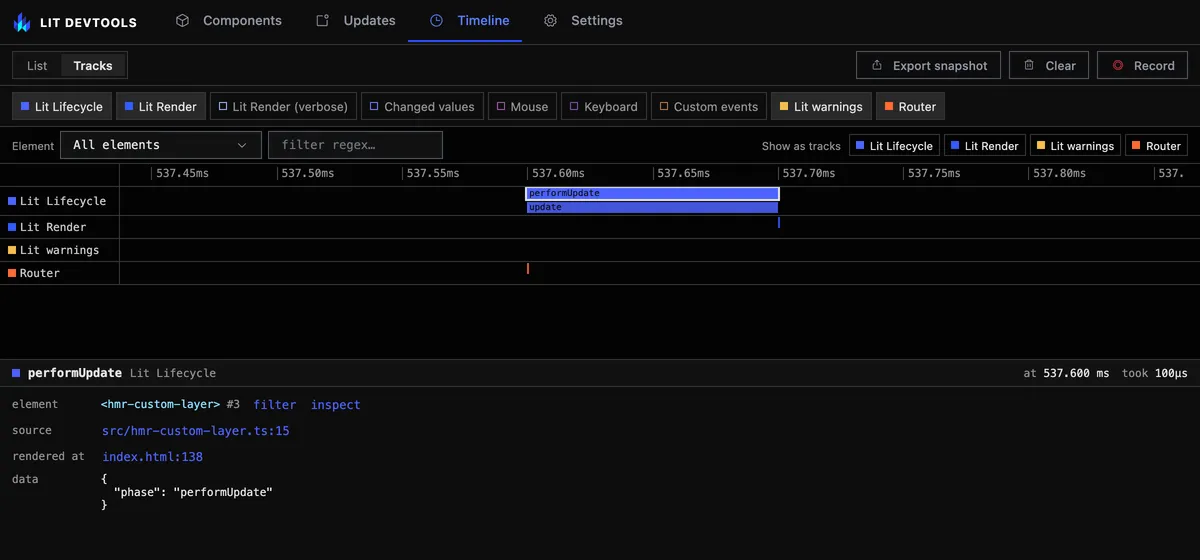 The Timeline in Tracks mode zoomed to about a millisecond: lanes for Lit Lifecycle, Lit Render, Lit warnings and Router, a Router navigate tick and, at the same moment, the hmr-custom-layer performUpdate span it caused, selected, with its phases beneath it and its details in the pane below.