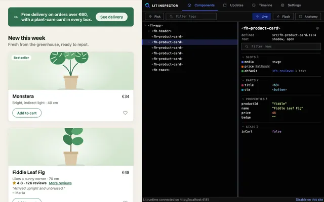 The Lit tab in Chrome DevTools, listing a page's Lit components in a tree with the selected element's properties beside it.