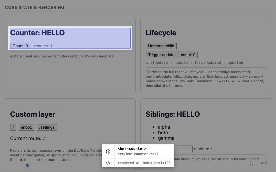 The source overlay outlining hmr-counter. The tooltip shows its tag name and source file, and a second row reads rendered at index.html:120.